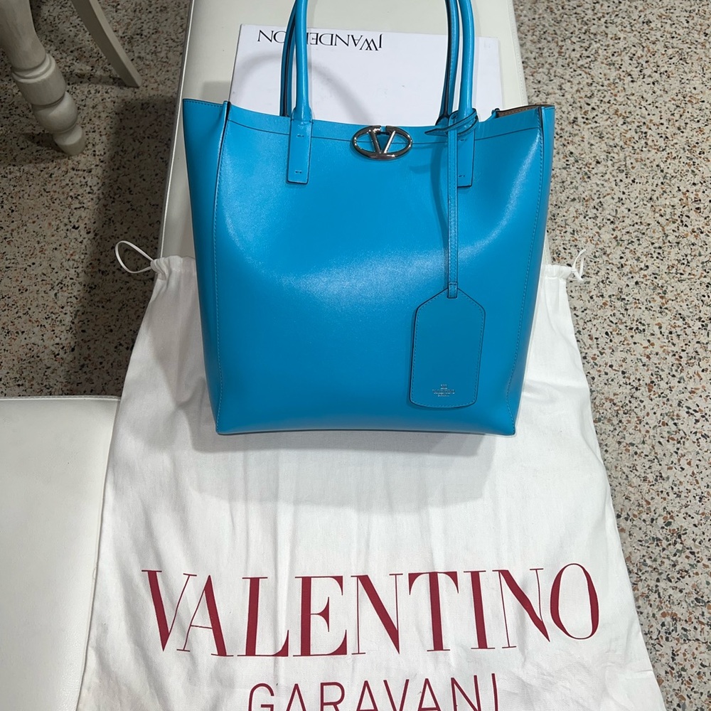 Valentino Garavani Bright Blue Leather Tote with Logo Tag